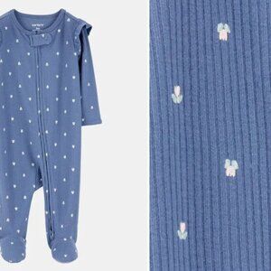 Baby Girl Mini Floral 2-Way Zip Ribbed Sleep & Play Pajamas - Blue
